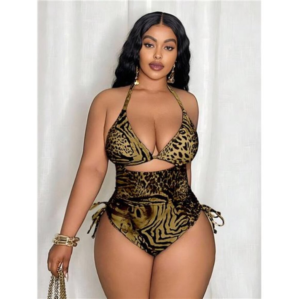 Slaydiva Plus Size Women's Random Leopard Print Triangle Top & Tie Side Bottoms
